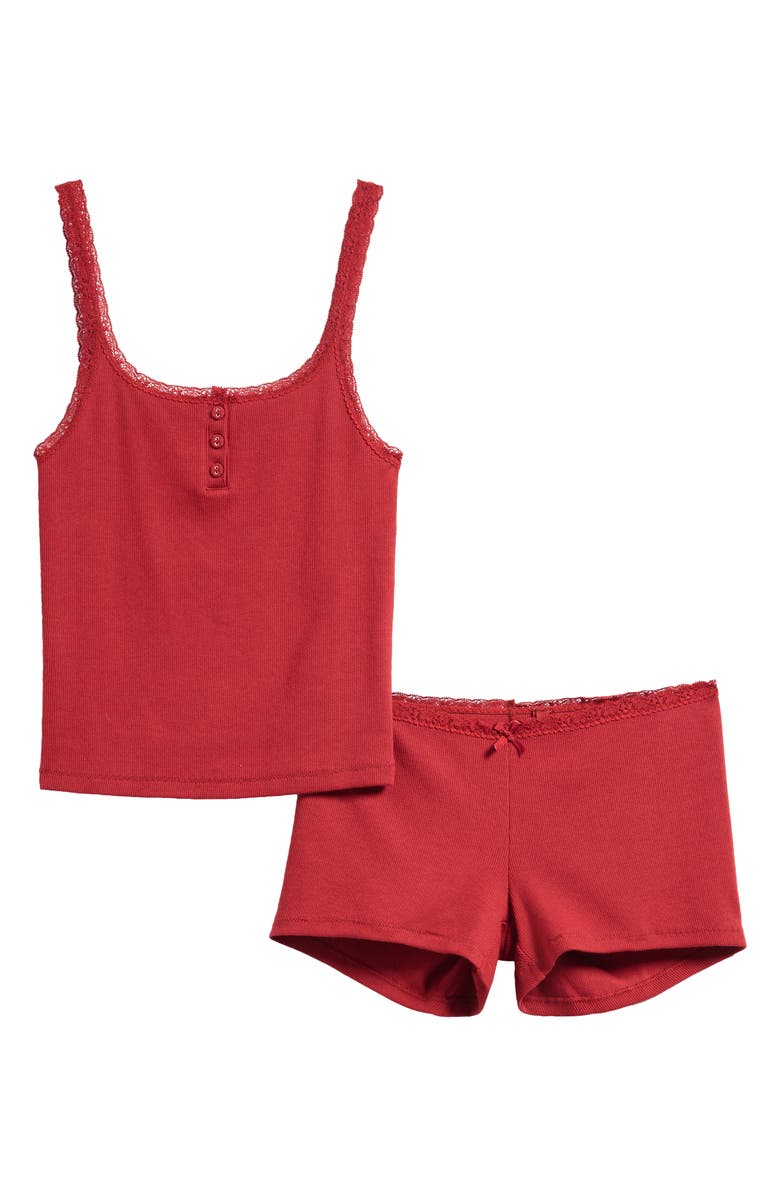 SKIMS Stretch Cotton Rib & Lace Pajamas, Alternate, color, Brick