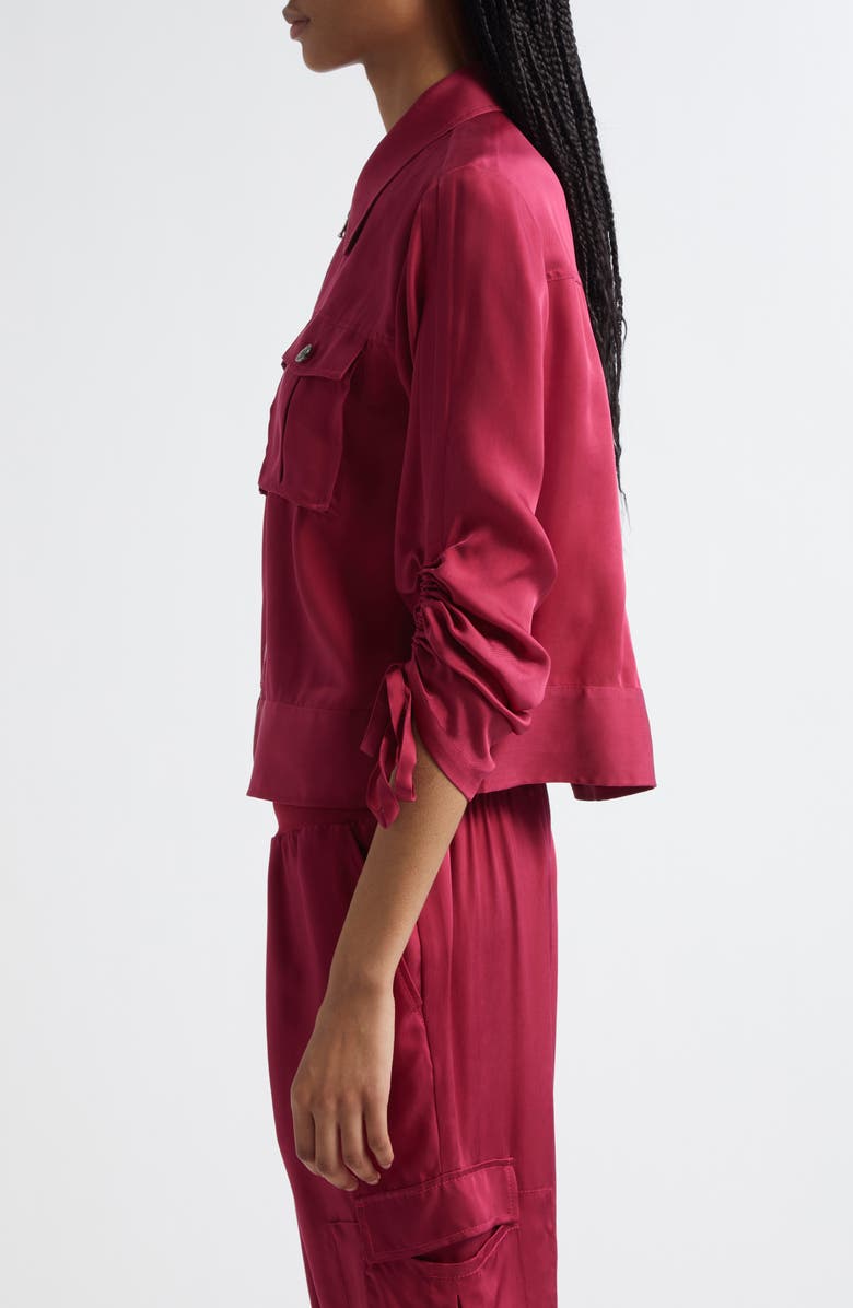 Cinq à Sept Dale Ruched Sleeve Cupro Satin Jacket, Alternate, color, Burgundy Plum