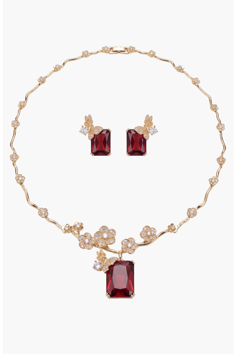 Floral Butterfly Stone Pendant Necklace And Earrings Jewelry Set, Main, color, Red