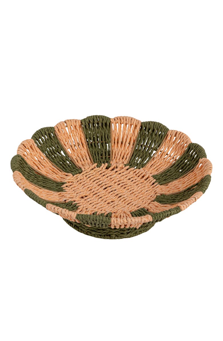 Storied Home Decorative Woven Paper Rope Footed Scalloped Bowl with Stripes, Natural and Green, Main, color, Green