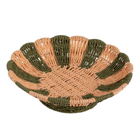 Decorative Woven Paper Rope Footed Scalloped Bowl with Stripes, Natural and Green