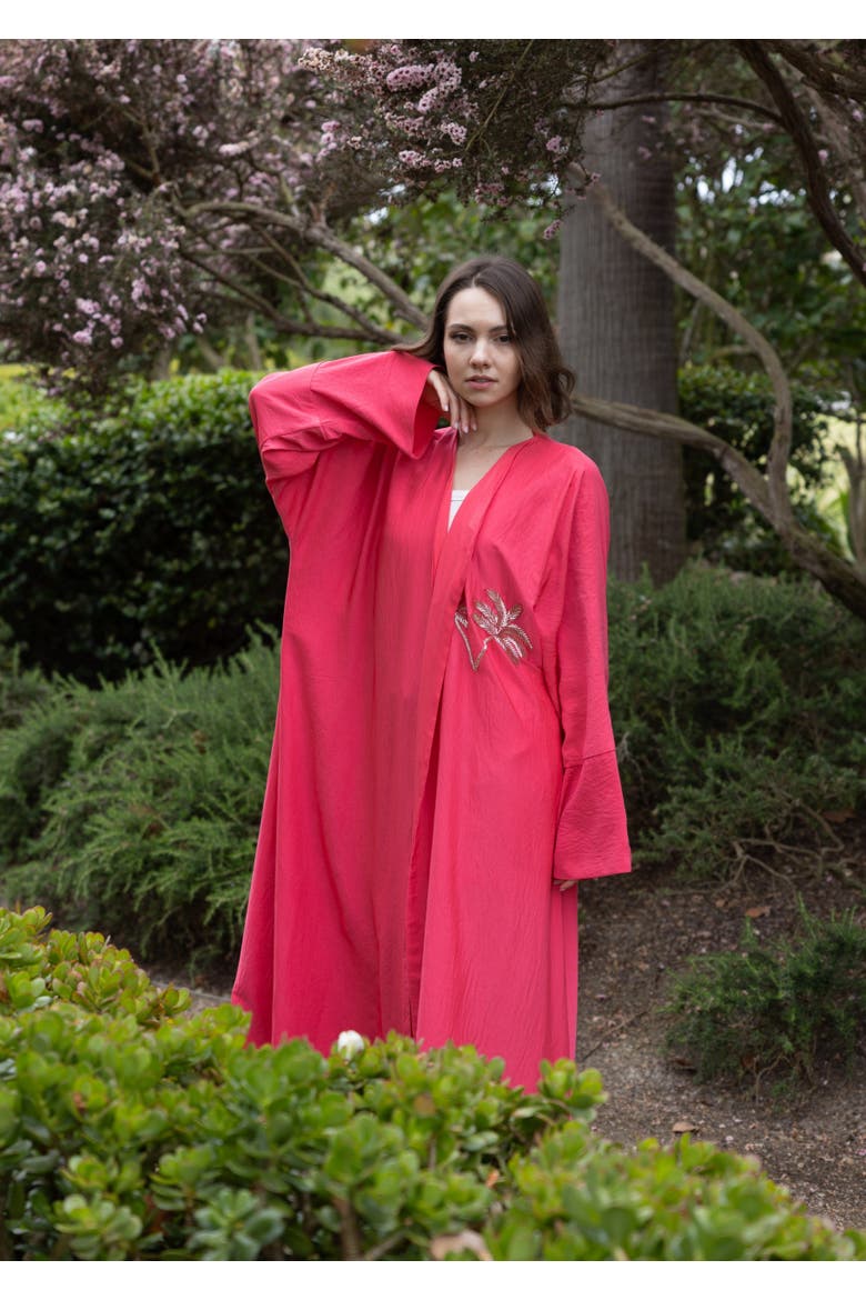 Palm Embroidered Silk Kaftan, Alternate, color, Red