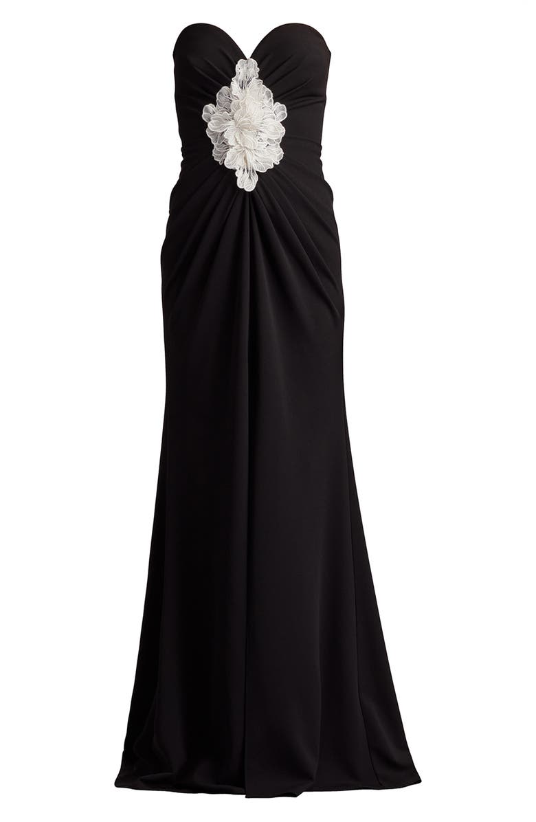Tadashi Shoji 3D Flower Ruched Strapless Gown, Alternate, color, Black/ Ivory
