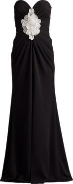 Tadashi Shoji 3D Flower Ruched Strapless Gown