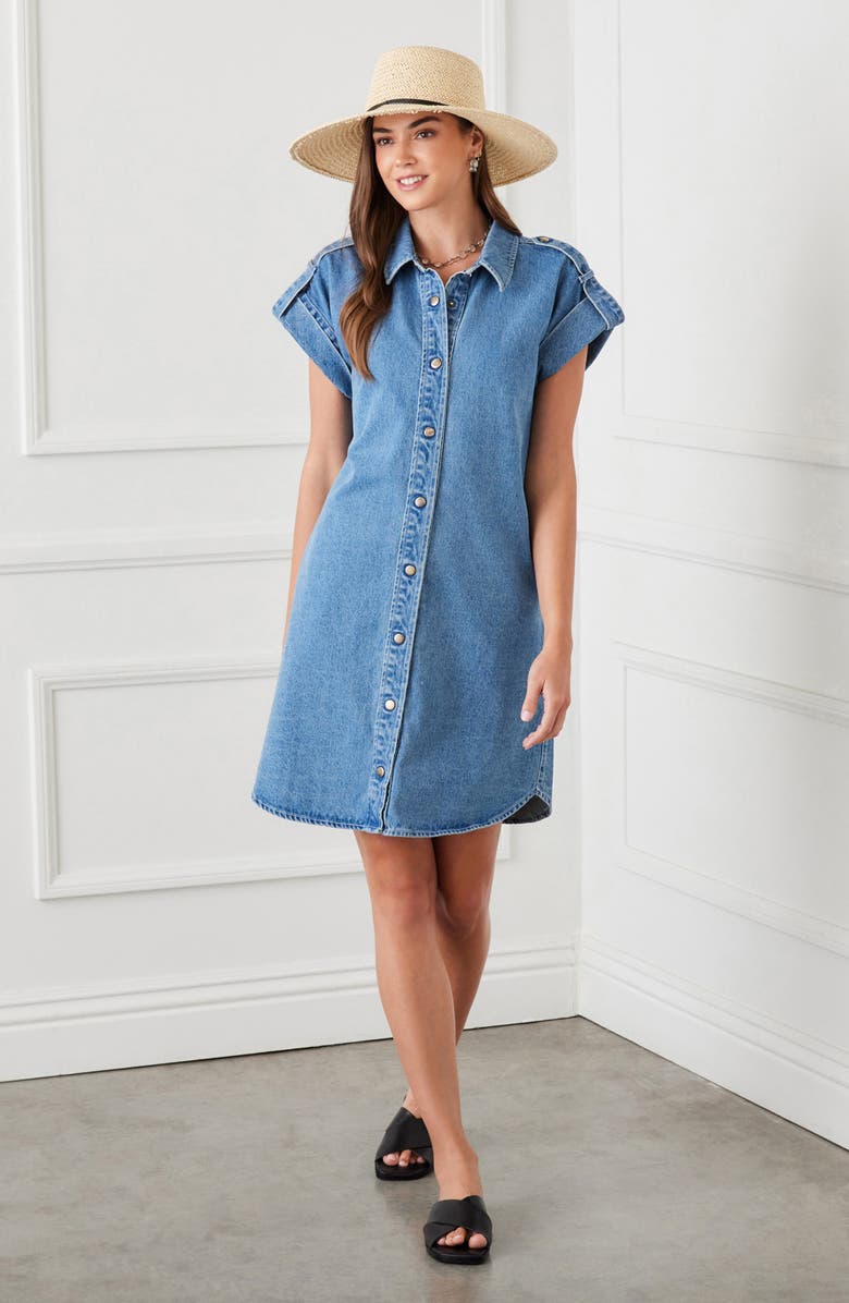 Karen Kane Cap Sleeve Denim Shirtdress, Alternate, color, Denim