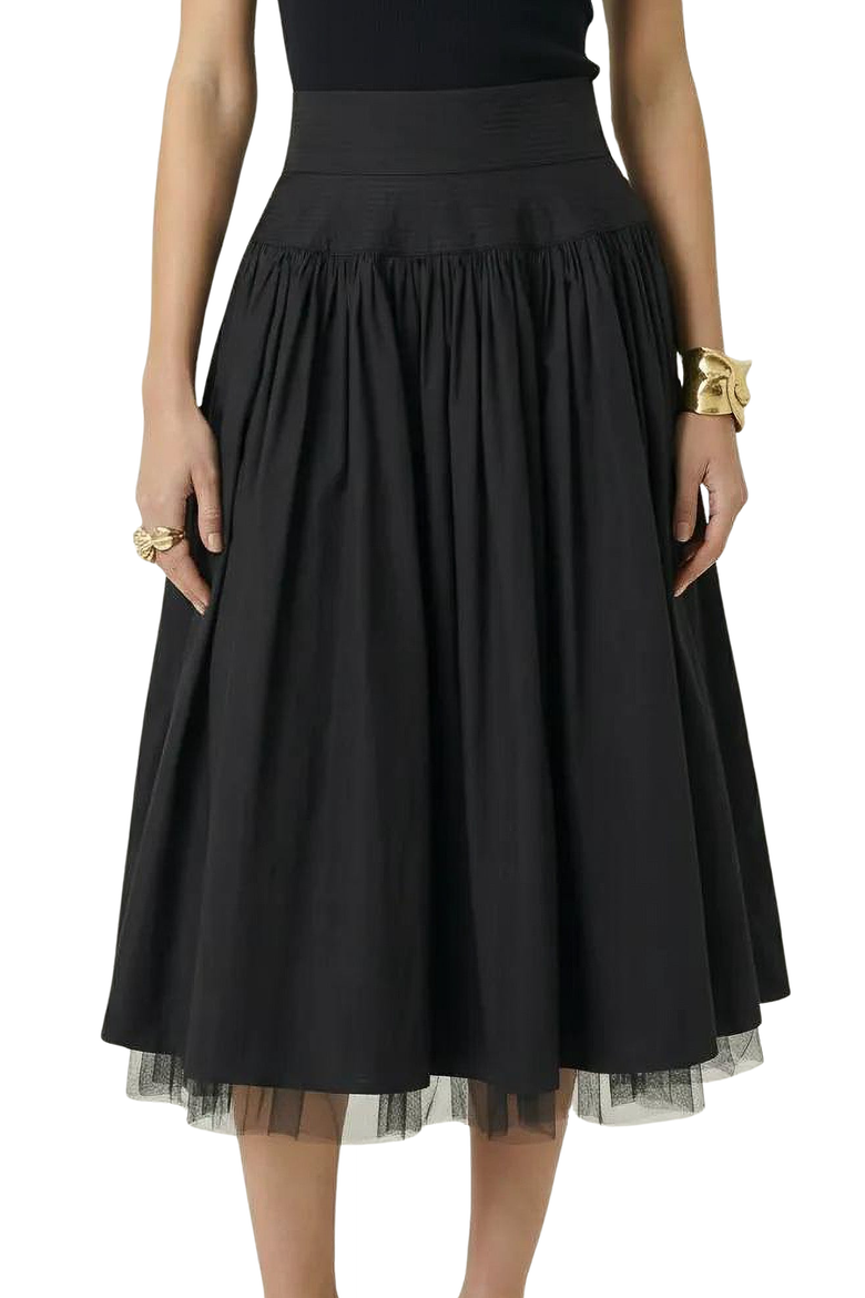 High Waist Midi Skirt with Tulle Hem, Alternate, color, Black