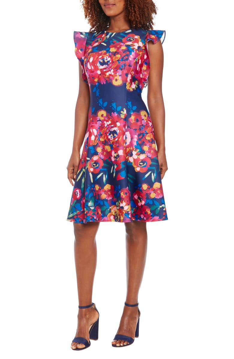 London Times Floral Ruffle Cap Sleeve Fit & Flare Dress, Main, color,