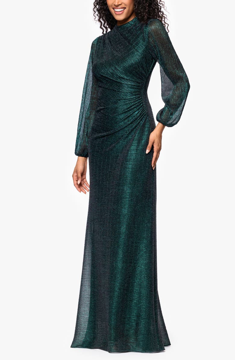 Betsy & Adam Metallic Crinkle Ruched Long Sleeve Trumpet Gown, Alternate, color, Black/ Emerald