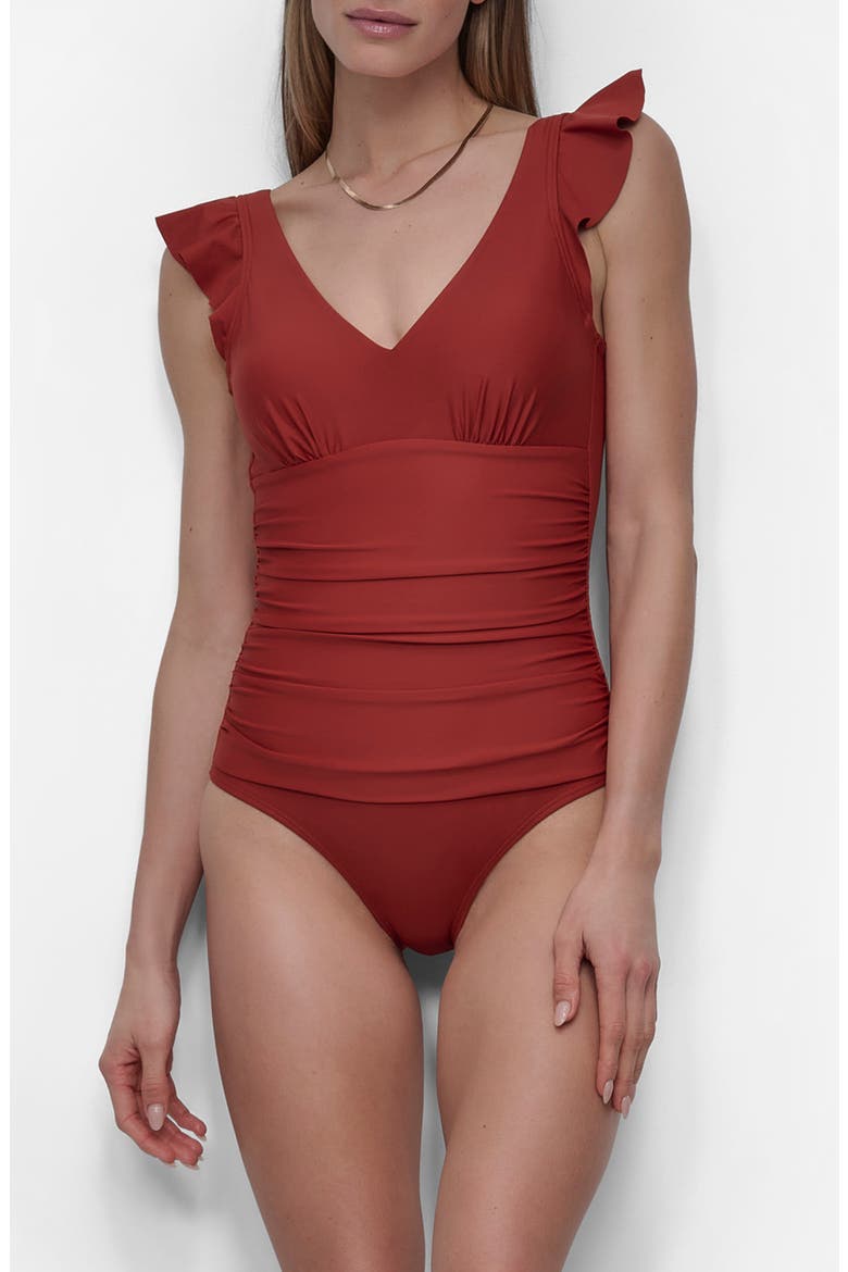 Plunge Neck Ruffle One-Piece Bikini, Main, color, SUNSET