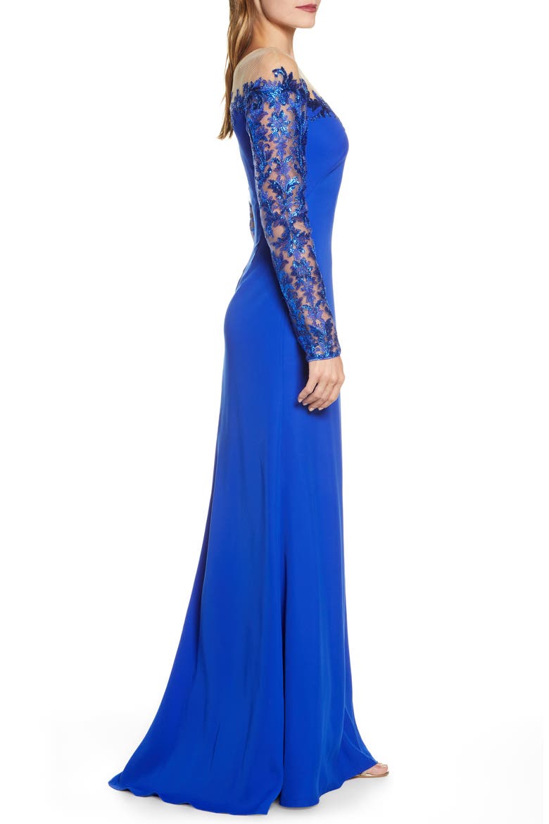 Long Sleeve Sequin Lace Gown, Alternate, color, ROYAL BLUE