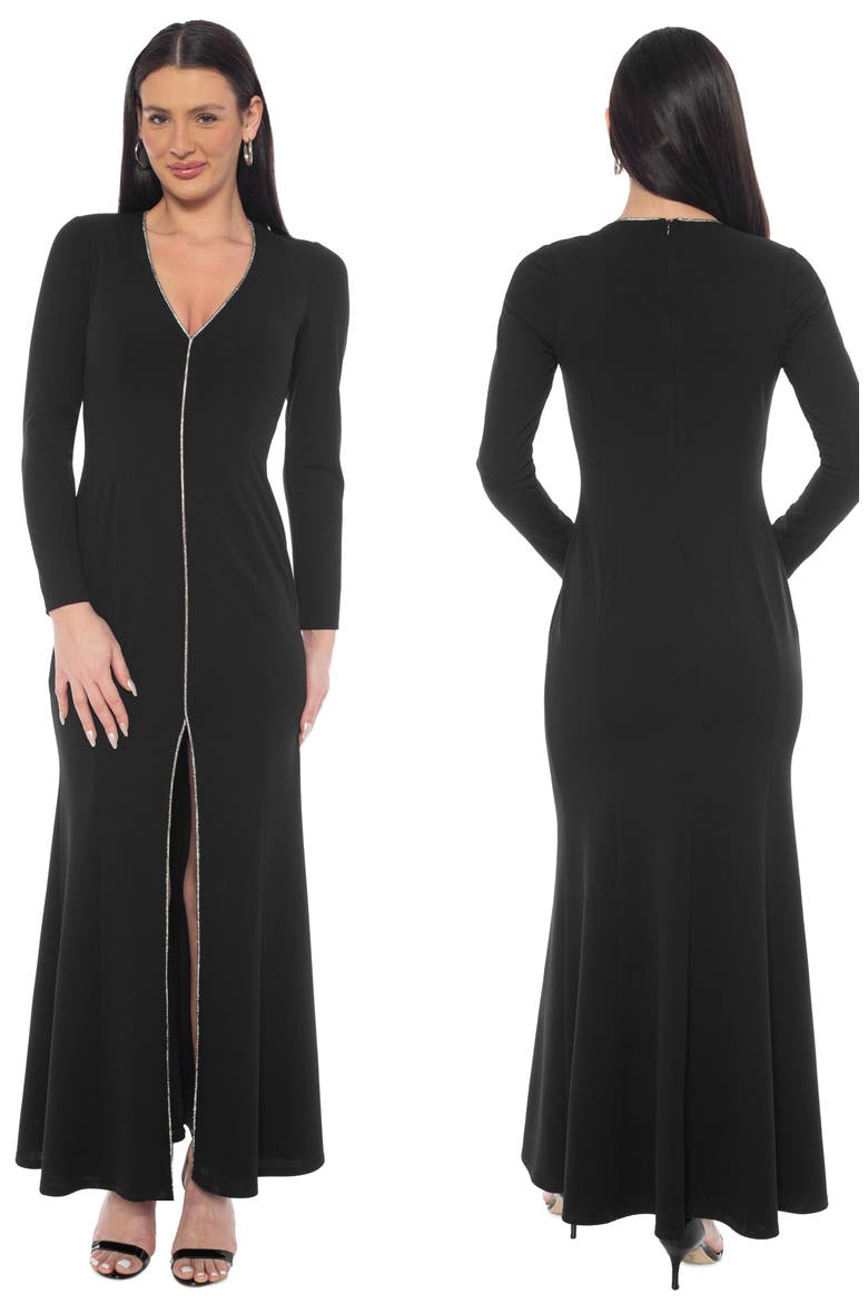 Rhinestone Trim Long Sleeve Gown, Alternate, color, BLACK