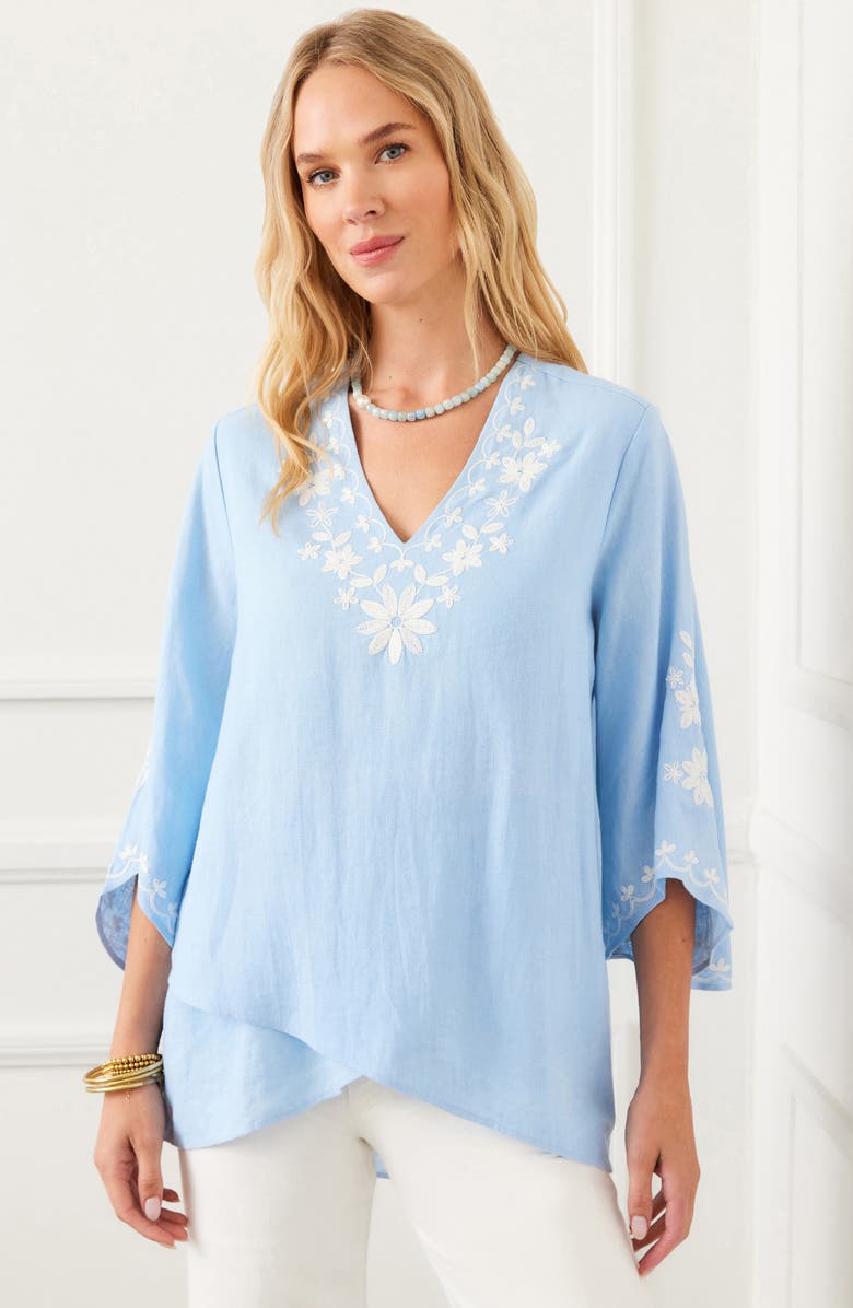Karen Kane Floral Embroidered Asymmetric Hem Linen Blend Top, Alternate, color, Lake