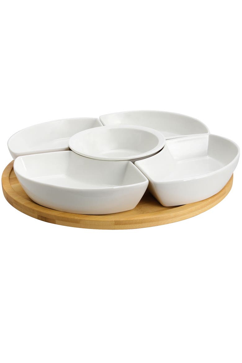 12 1/4 Inch 6-Piece Lazy Susan Appetizer and Condiment Server Set with 5 Serving Dishes and a Wood Lazy Suzan Serving Tray, Main, color, White