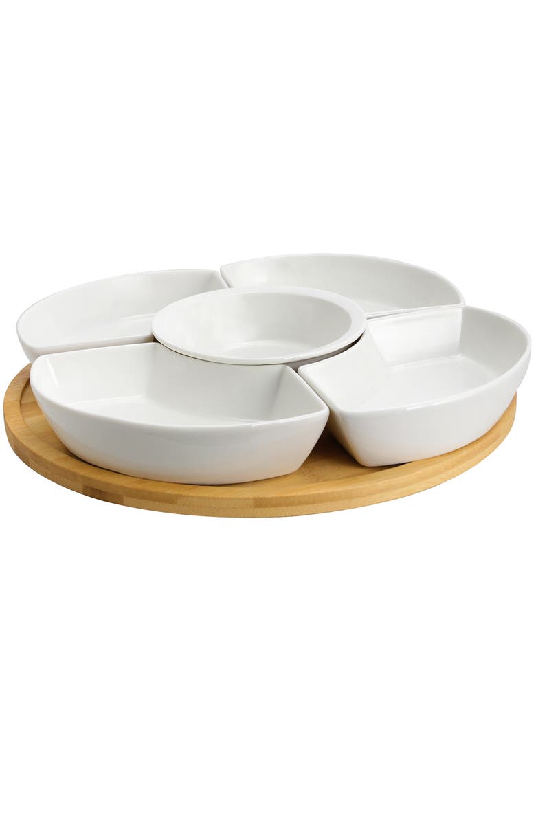 Elama Signature 12 1/4 Inch 6-Piece Lazy Susan Appetizer and Condiment Server Set with 5 Serving Dishes and a Wood Lazy Suzan Serving Tray, Main, color, White