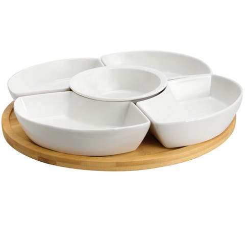 12 1/4 Inch 6-Piece Lazy Susan Appetizer and Condiment Server Set with 5 Serving Dishes and a Wood Lazy Suzan Serving Tray