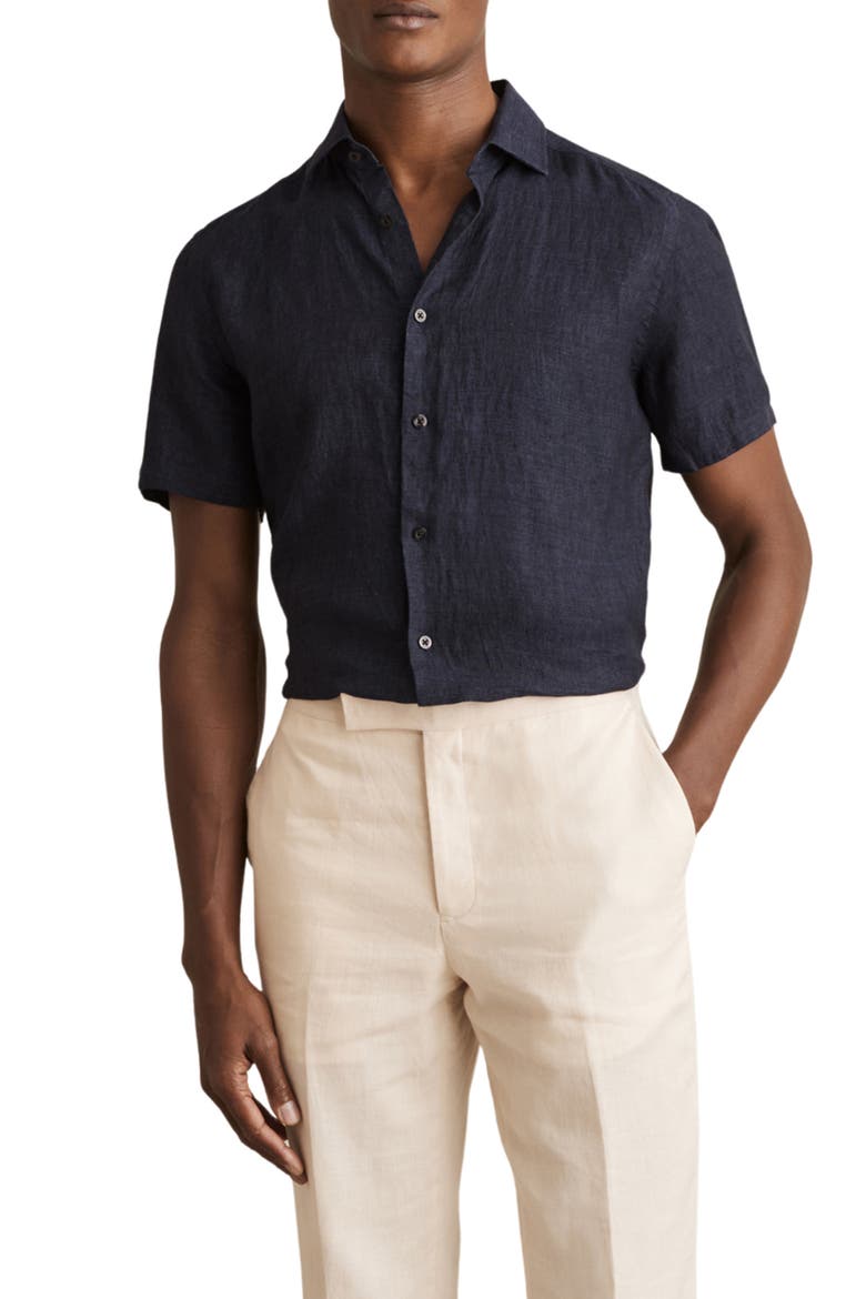 Holiday Short Sleeve Linen Button-Up Shirt, Main, color, NAVY