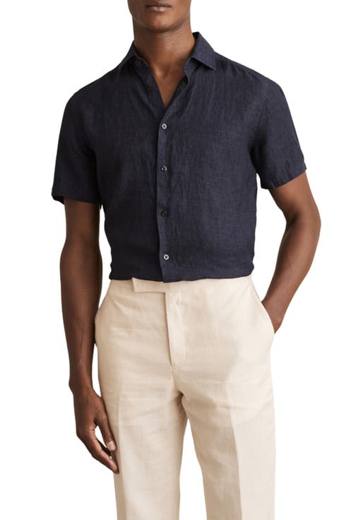 Holiday Short Sleeve Linen Button-Up Shirt