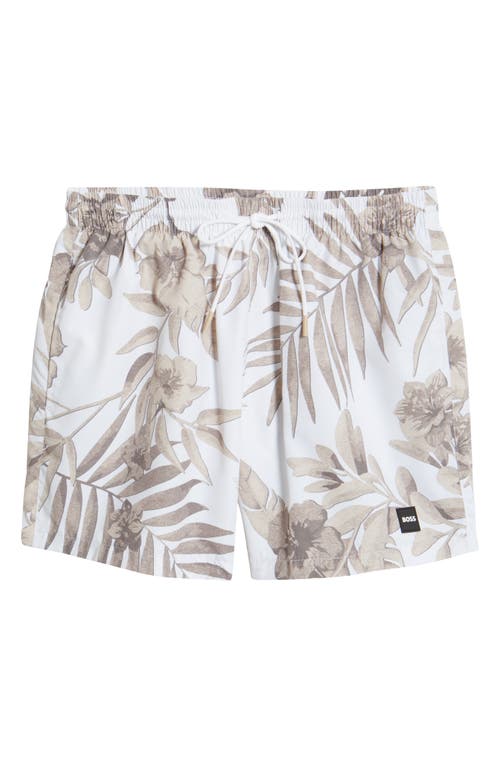 Hugo Boss Fully Lined Swim Shorts With Seasonal Print In Natural