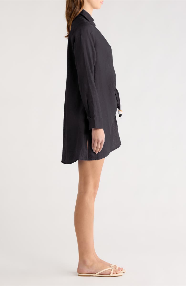 Elan Tie Front Long Sleeve Linen Cover-Up, Alternate, color, Black