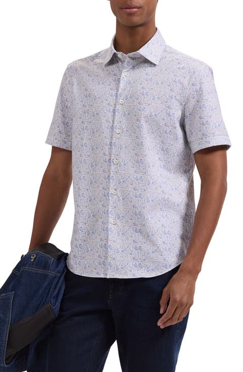 Miles OoohCotton® Stripe Leaf Print Short Sleeve Button-Up Shirt
