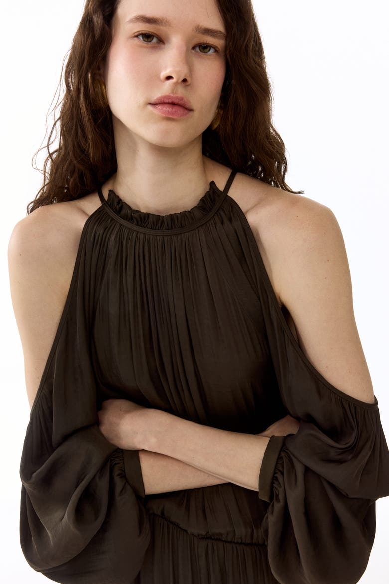 Open-shoulder Satin Jumpsuit, Alternate, color, Dark khaki green