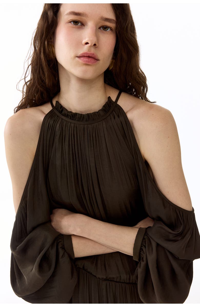 H&M Cold-shoulder Satin Jumpsuit, Alternate, color, Dark Khaki Green