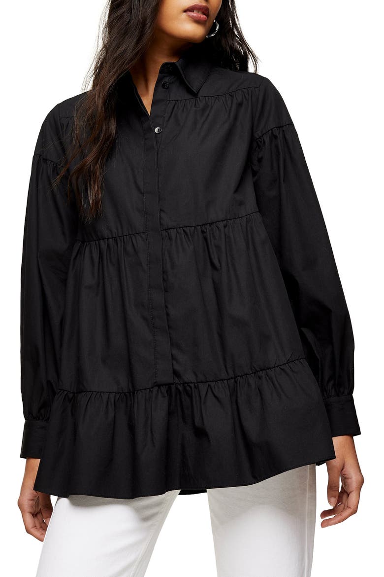 Tiered Poplin Shirt, Main, color, BLACK