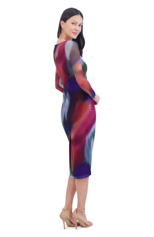 Vince Camuto Ruched Long Sleeve Mesh Midi Dress In Multi