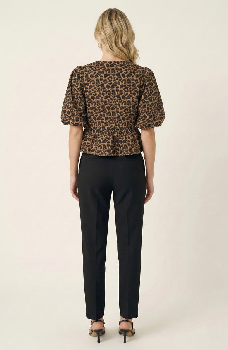 Modenaire Peplum Top With Front Tie Closures And Short Puff Sleeves, Alternate, color, Leopard Print
