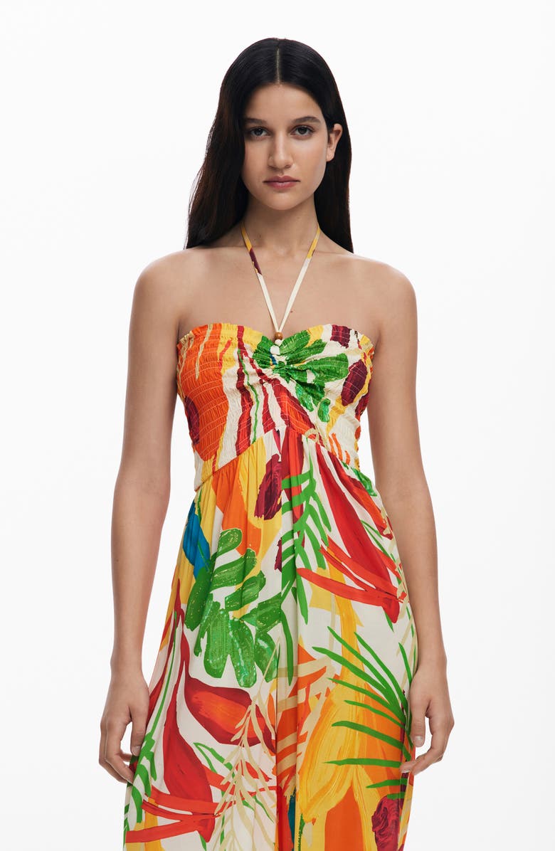 Desigual Tropical Print Halter Cover-Up Jumpsuit, Alternate, color, Light Beige