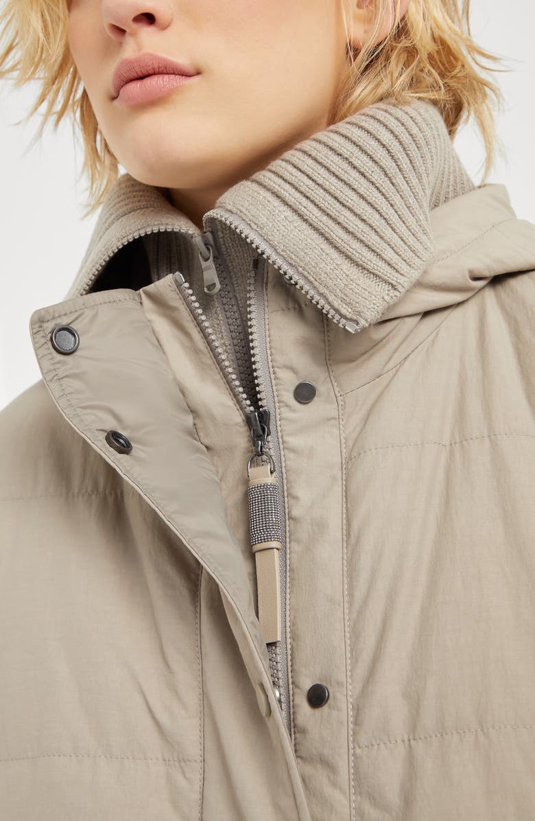 Brunello Cucinelli Water-resistant techno cotton hooded down jacket with shiny zipper pull, Alternate, color, 
