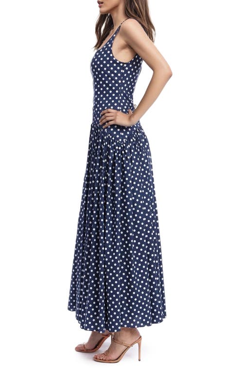 Jewel Badgley Mischka Polka Dot Drop Waist Cotton Maxi Dress In Blue