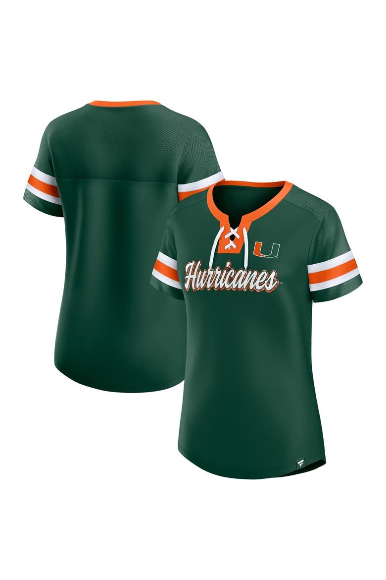 Women's Fanatics  Green Miami Hurricanes Iconic Athena Lace-Up T-Shirt, Main, color, Green