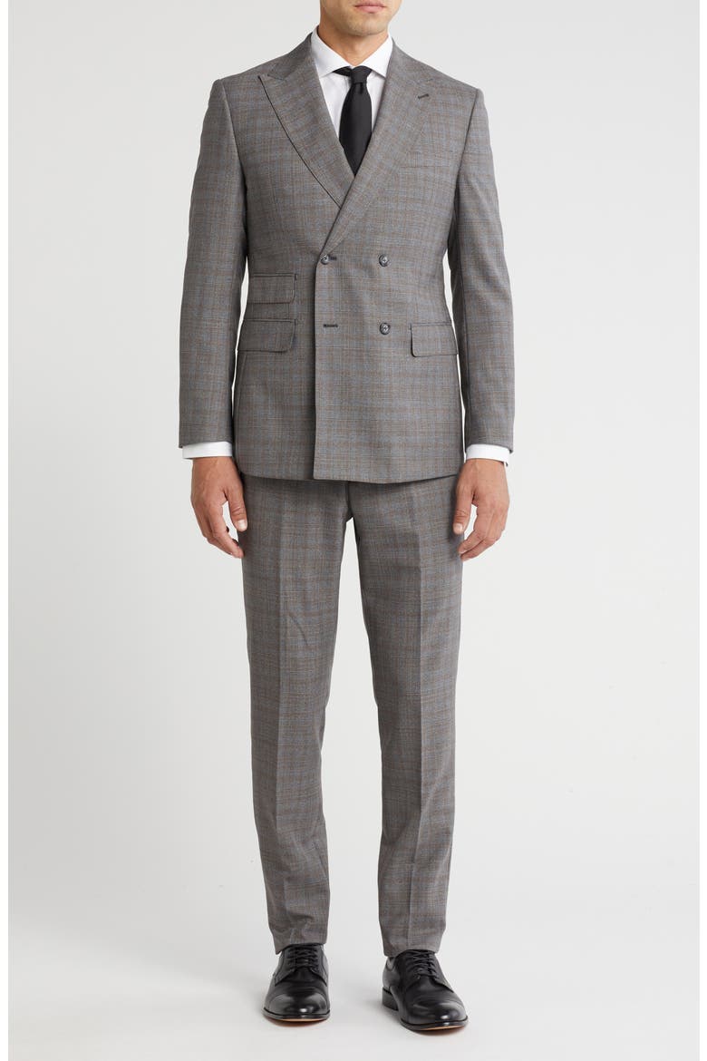 Plaid Double Breasted Wool Blend Suit, Main, color, GREY/BROWN PLAID