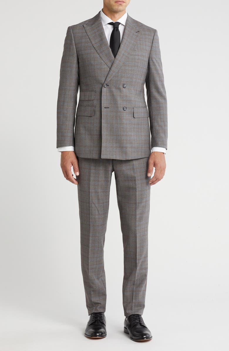 English Laundry Plaid Double Breasted Wool Blend Suit, Main, color, Grey/Brown Plaid