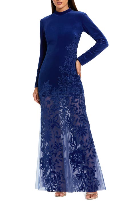 Long Sleeve Sheer Floral Embroidered Velvet Gown