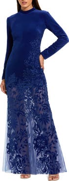 Mac Duggal Women’s Floral Embroidered Velvet Long Sleeve Gown