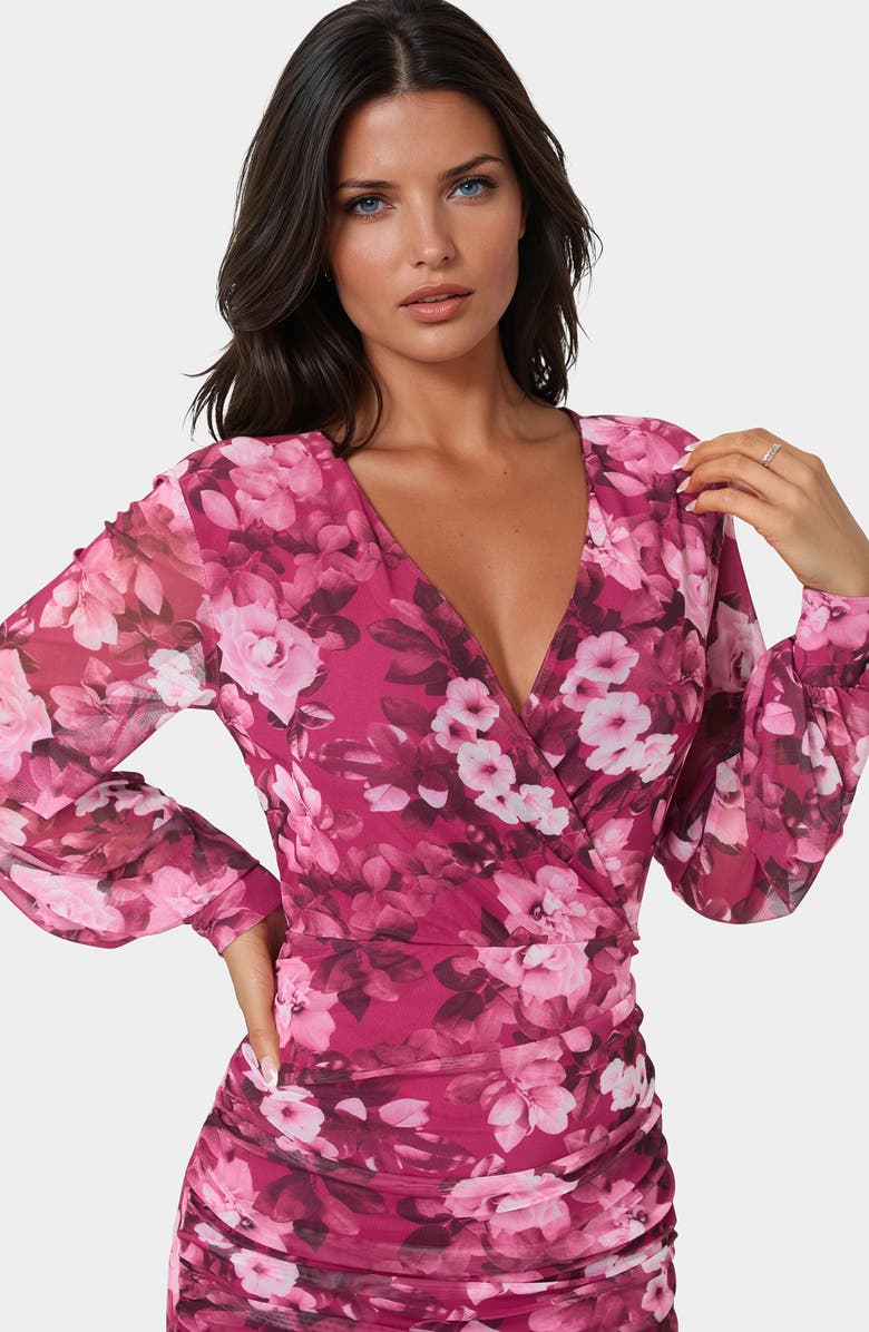 bebe Long Sleeve Ruched Faux Wrap Minidress, Alternate, color, Merlot