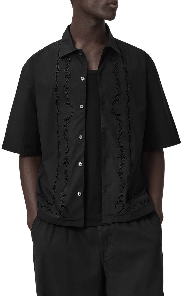 AllSaints Field Eyelet Detail Short Sleeve Button-Up Shirt, Alternate, color, Jet Black