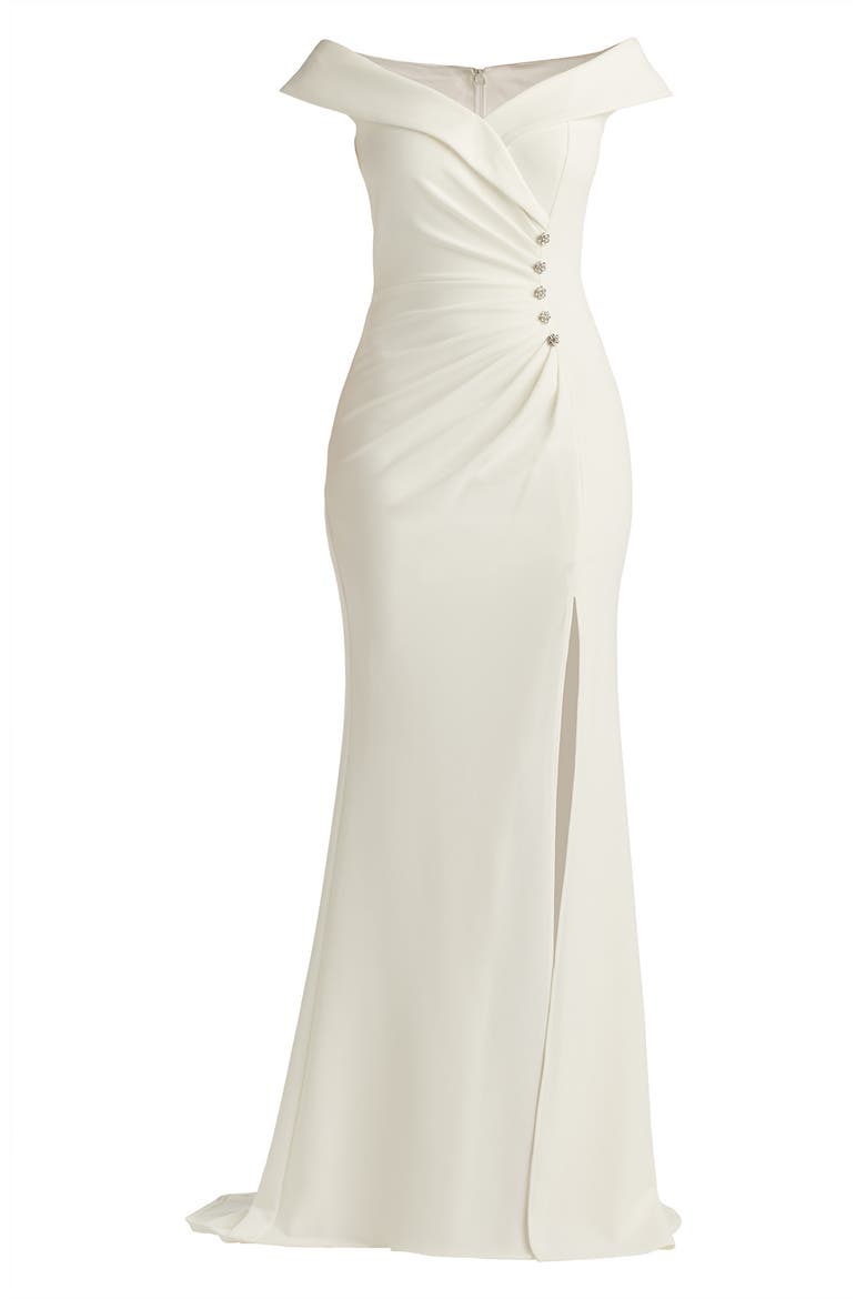 Off the Shoulder Crepe Trumpet Gown, Alternate, color, IVORY