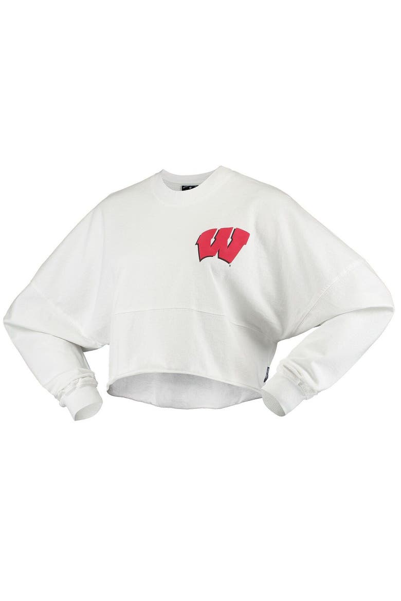 Women's White Wisconsin Badgers Raw Hem Cropped Spirit Jersey Long Sleeve T-Shirt, Alternate, color, WHITE