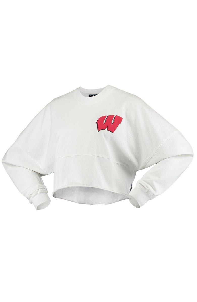 SPIRIT JERSEY Women's White Wisconsin Badgers Raw Hem Cropped Spirit Jersey Long Sleeve T-Shirt, Alternate, color, White