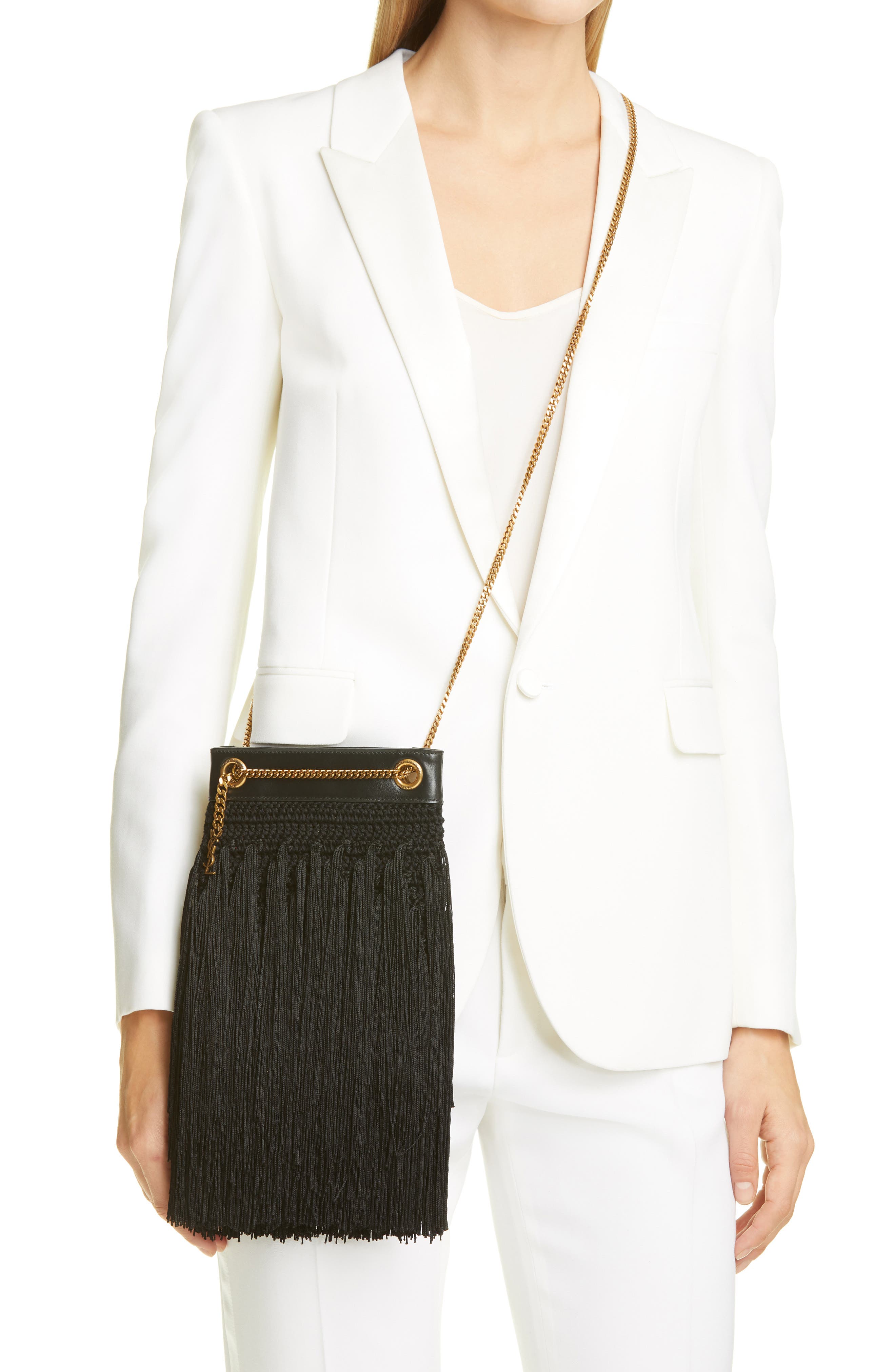 Saint Laurent Small Grace Fringe Macramé Bag, Alternate, color, 