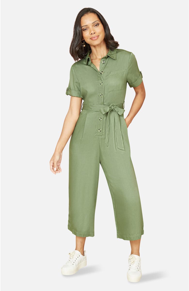 Yumi Structured Belted Cropped Jumpsuit, Main, color, Green