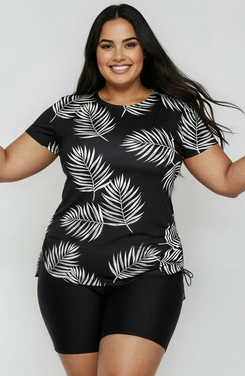 Plus Size Short Sleeve Adele Swim Top and Black Mid-Thigh Swim Shorts Set