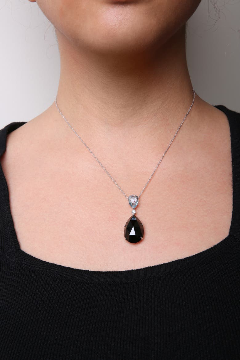 18K Gold Diamond Accent Topaz and Onyx Drop Pendant Necklace, Alternate, color, White