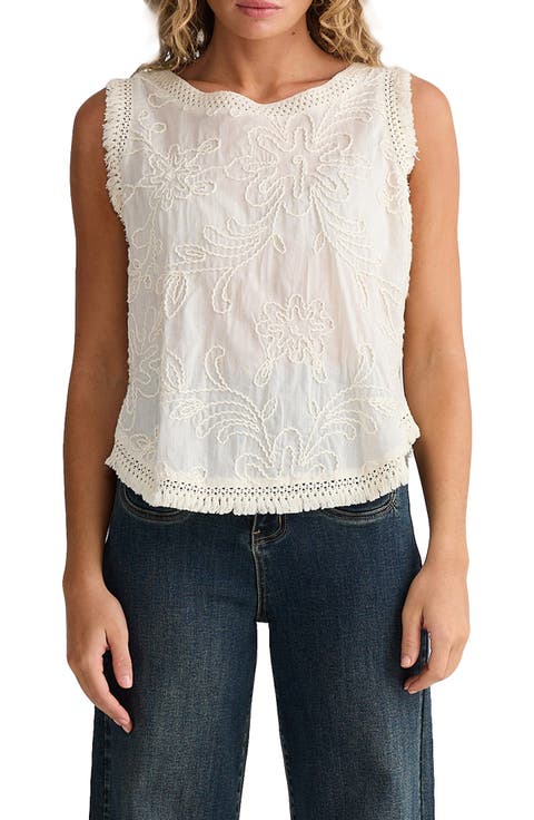 Chantilly Floral Embroidered Fringe Cotton Voile Top