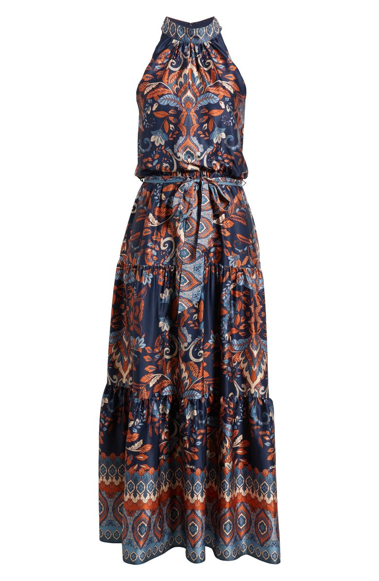 Julia Jordan Sleeveless Tiered Mock Neck Waist Tie Dress, Alternate, color, Navy