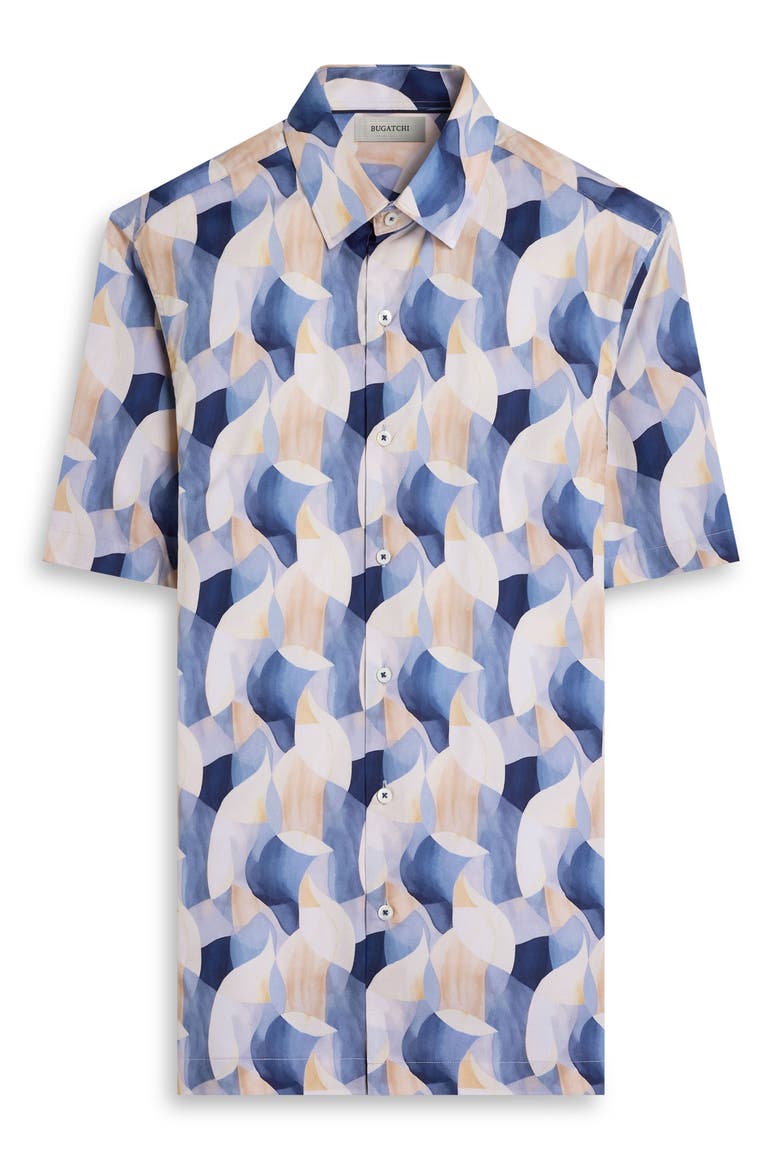 Vero Shaped Fit Abstract Print Short Sleeve Stretch Cotton Button-Up Shirt, Alternate, color, COBALT