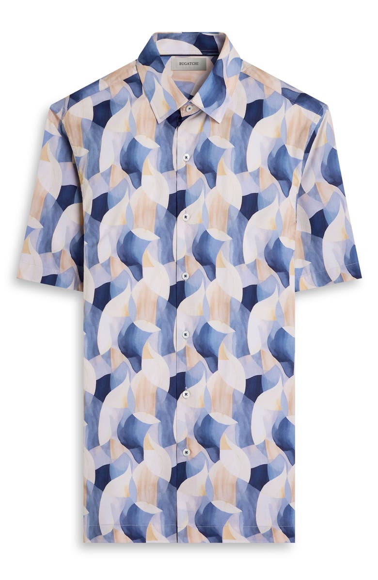 Bugatchi Vero Shaped Fit Abstract Print Short Sleeve Stretch Cotton Button-Up Shirt, Alternate, color, Cobalt